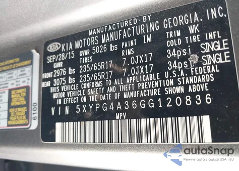 2016 Kia Sorento 2.4L Lx из США, поврежденный, VIN 5XYPG4A36GG120836